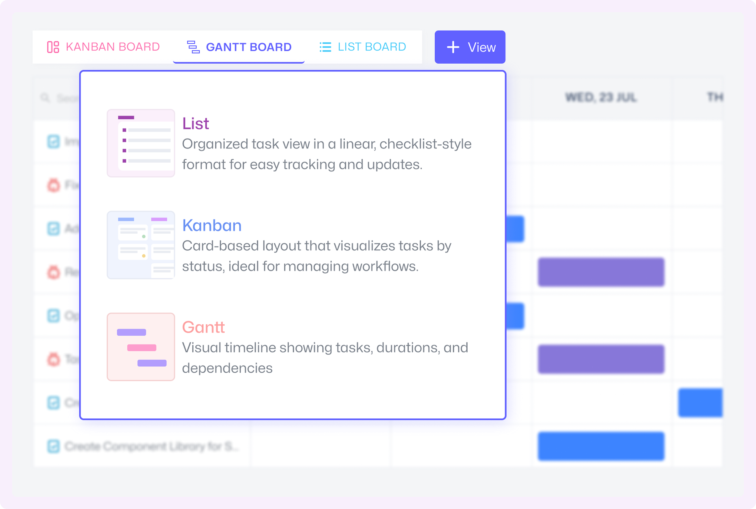 Kanban, List, and Timeline